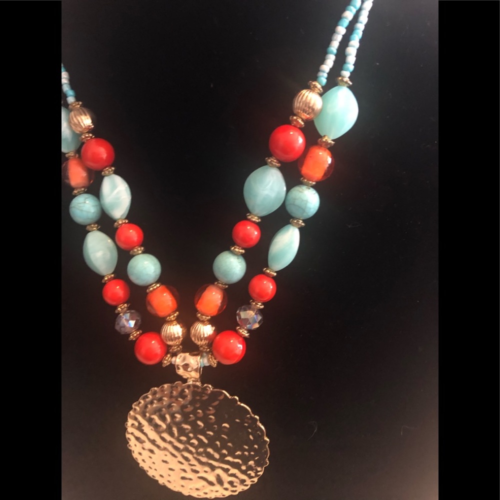Blue/Orange Beaded Medallion Necklace